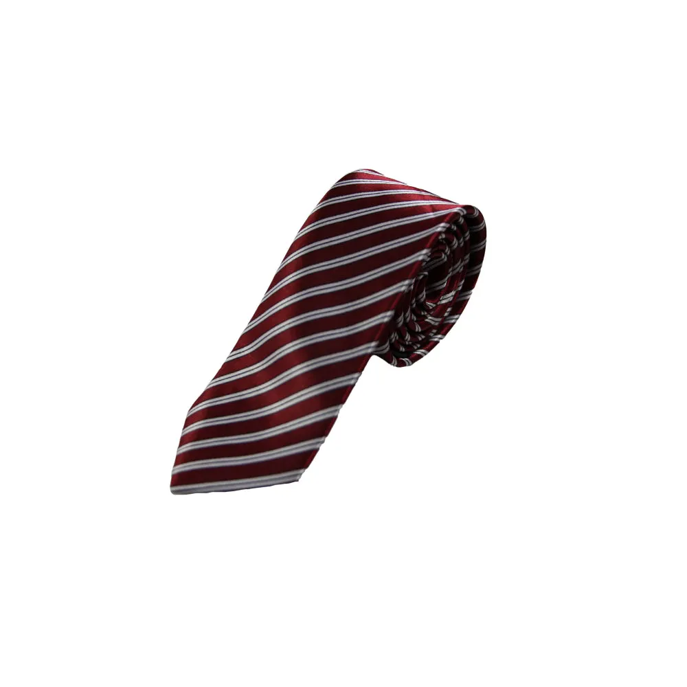 Mens Dark Red, White & Black Striped 5cm Skinny Neck Tie