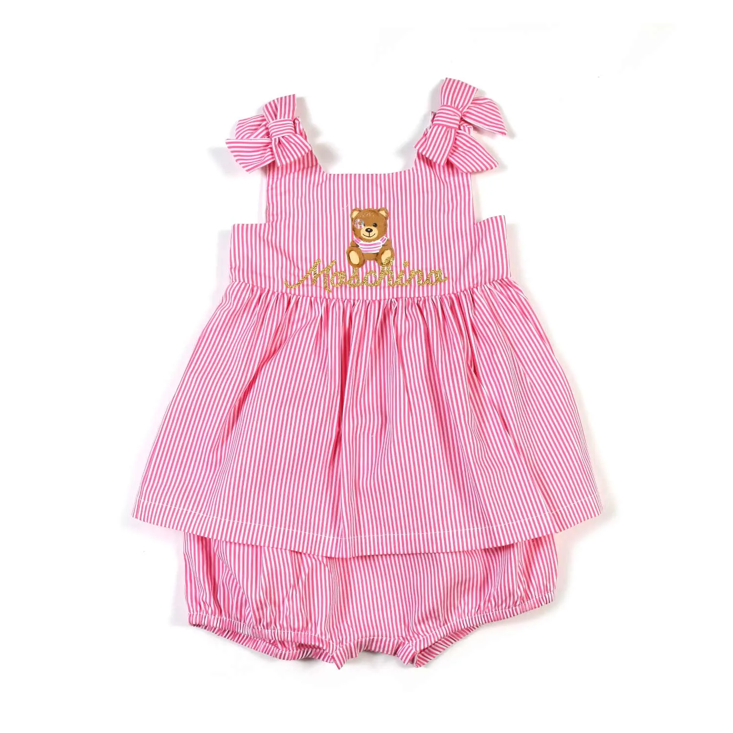 Moschino Pink And White Striped Romper With Teddy Bear