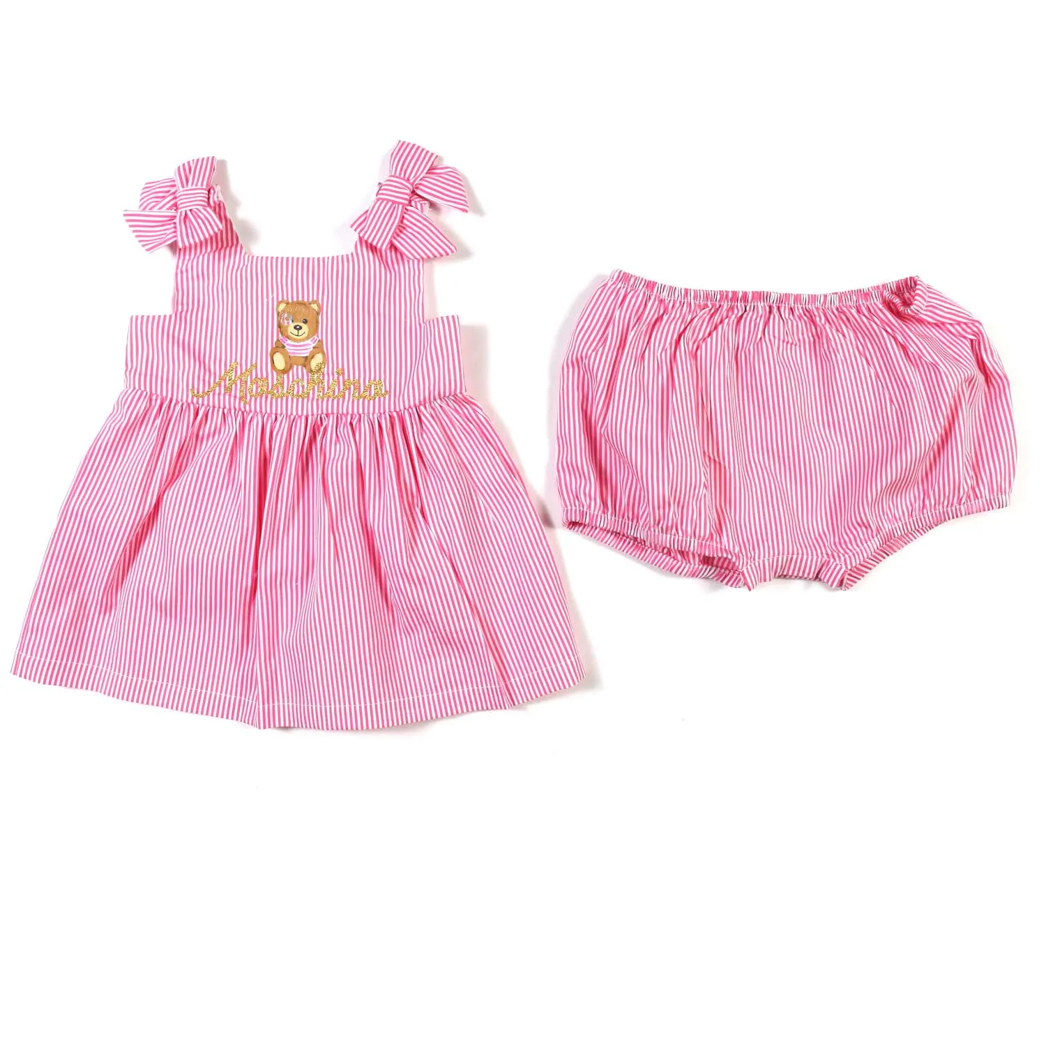 Moschino Pink And White Striped Romper With Teddy Bear