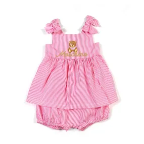 Moschino Pink And White Striped Romper With Teddy Bear