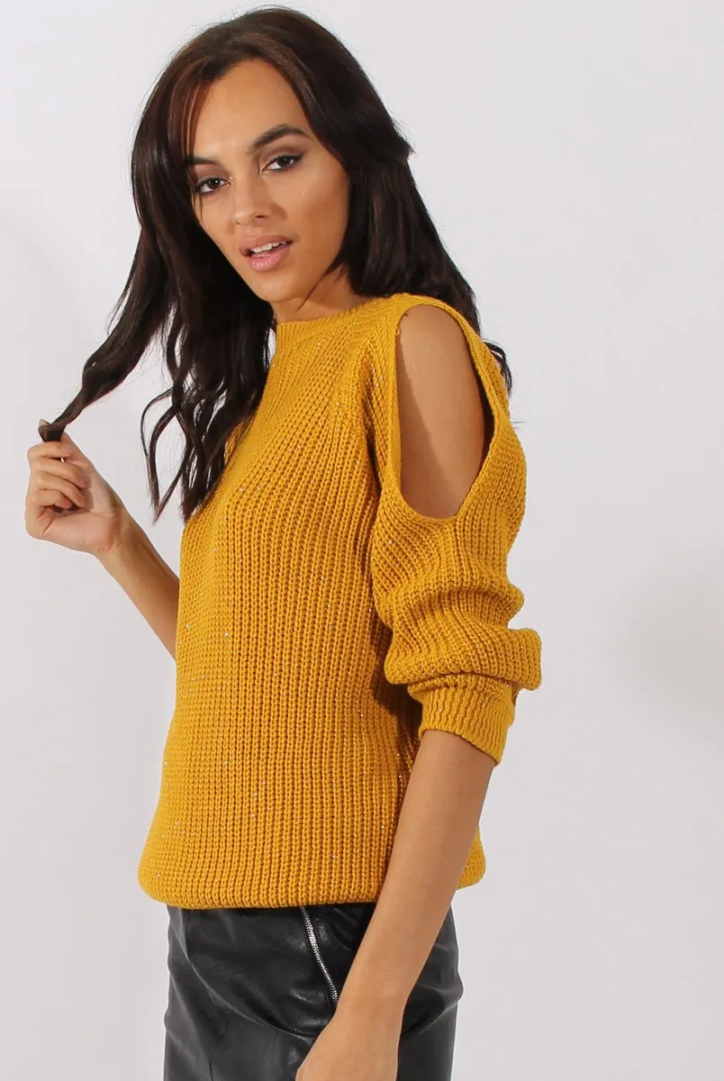 Mustard Sparkle Knitted Cold Shoulder Jumper - May