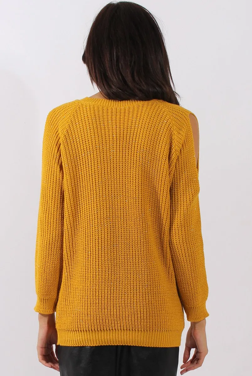 Mustard Sparkle Knitted Cold Shoulder Jumper - May