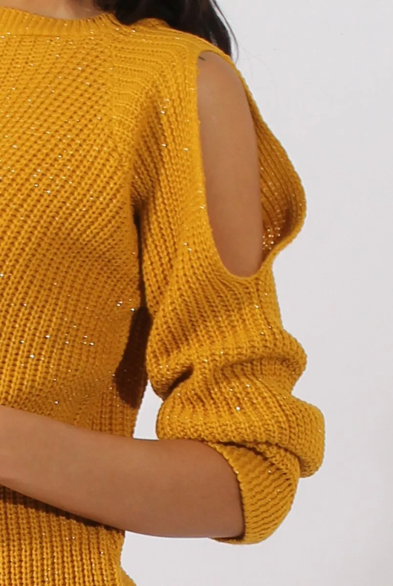 Mustard Sparkle Knitted Cold Shoulder Jumper - May