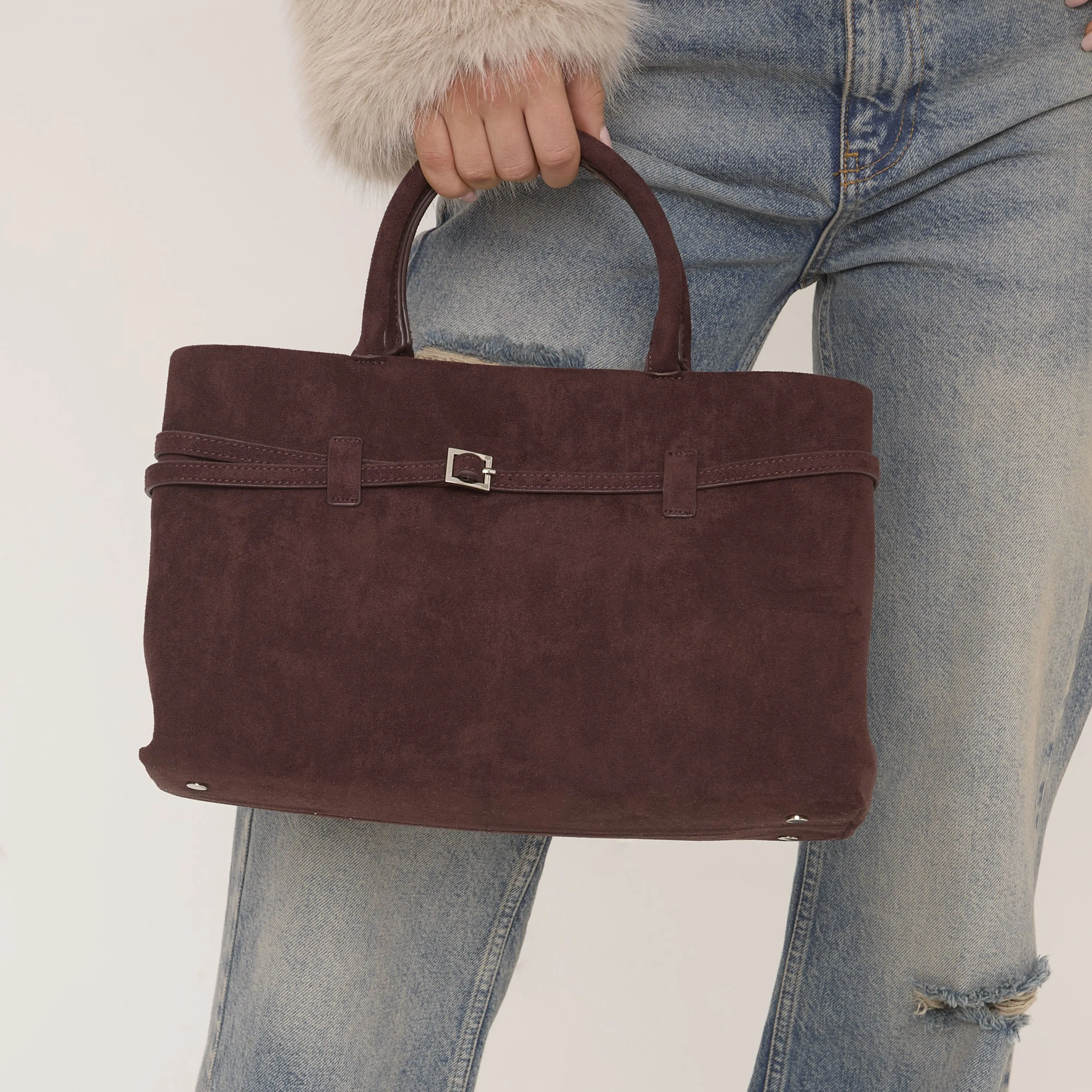 Noble Buckle Detail Shaped Tote Bag In Brown Faux Suede