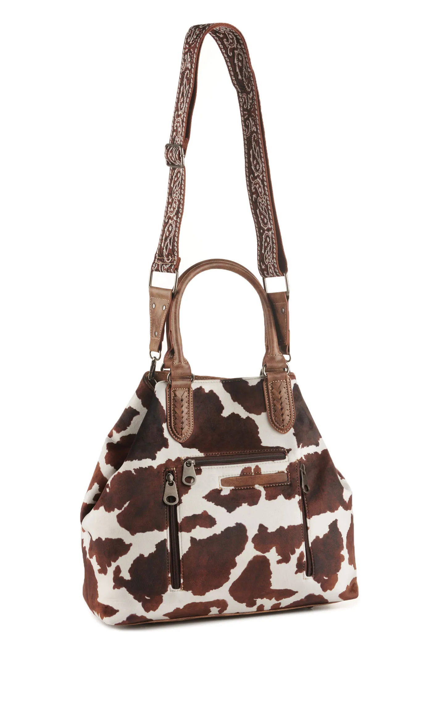 Nocona Women’s Soft Leather Cream & Cinnamon Cow Print Conceal Carry Satchel Bag 