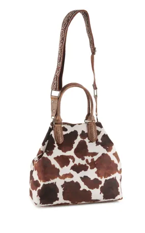 Nocona Women’s Soft Leather Cream & Cinnamon Cow Print Conceal Carry Satchel Bag 