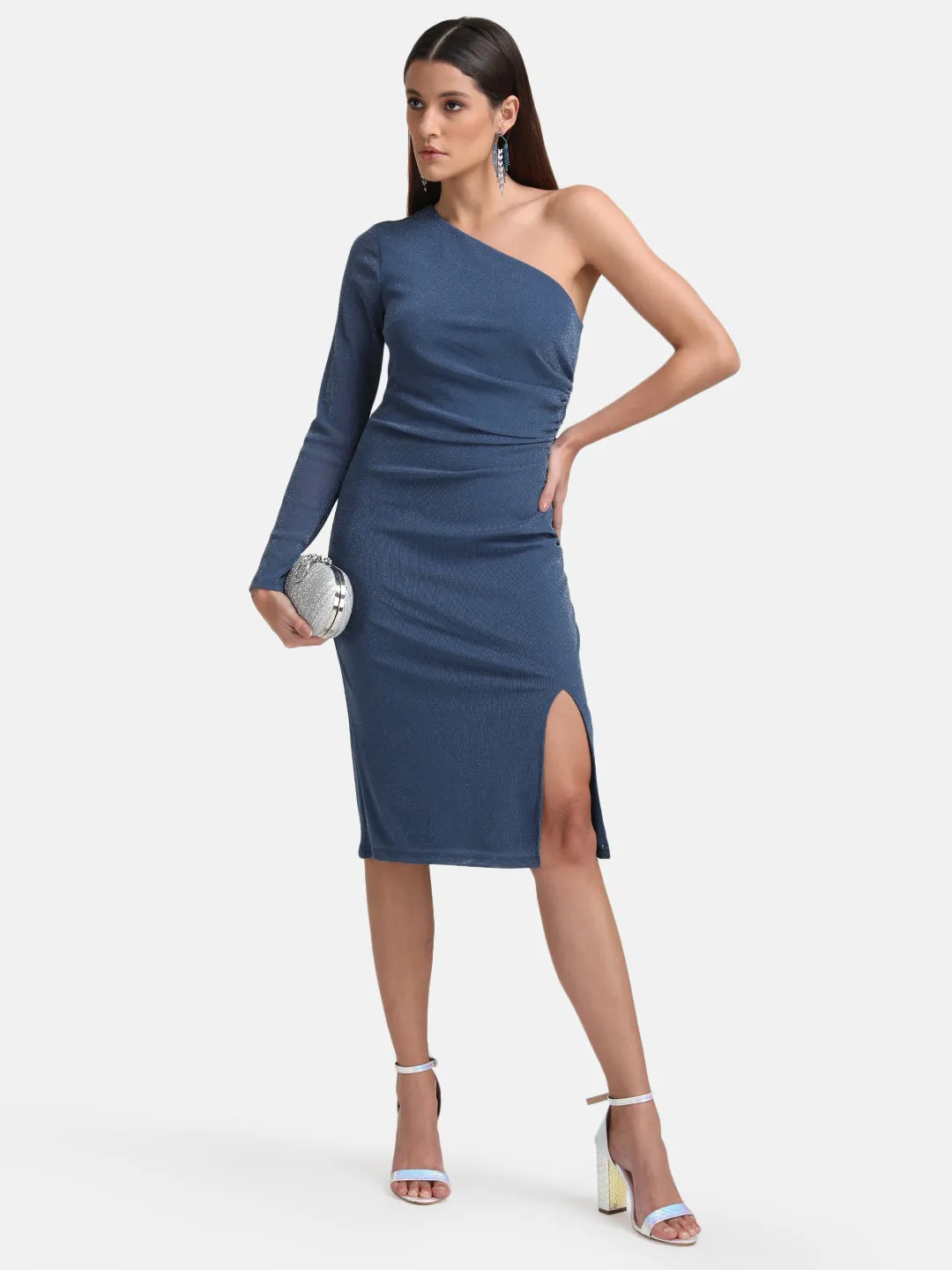 One Shoulder Midi Dress With Ruching