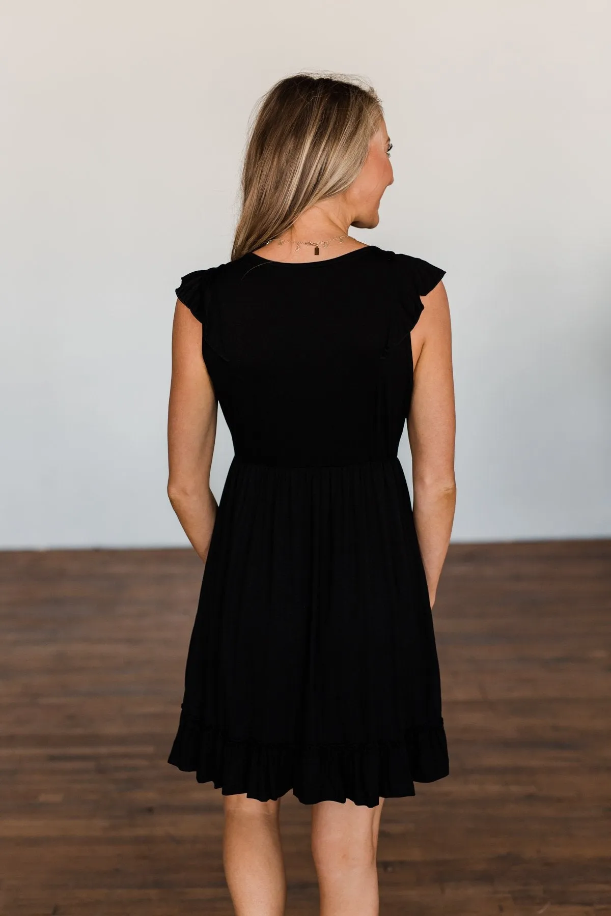 Out And About Ruffle Detail Dress- Black