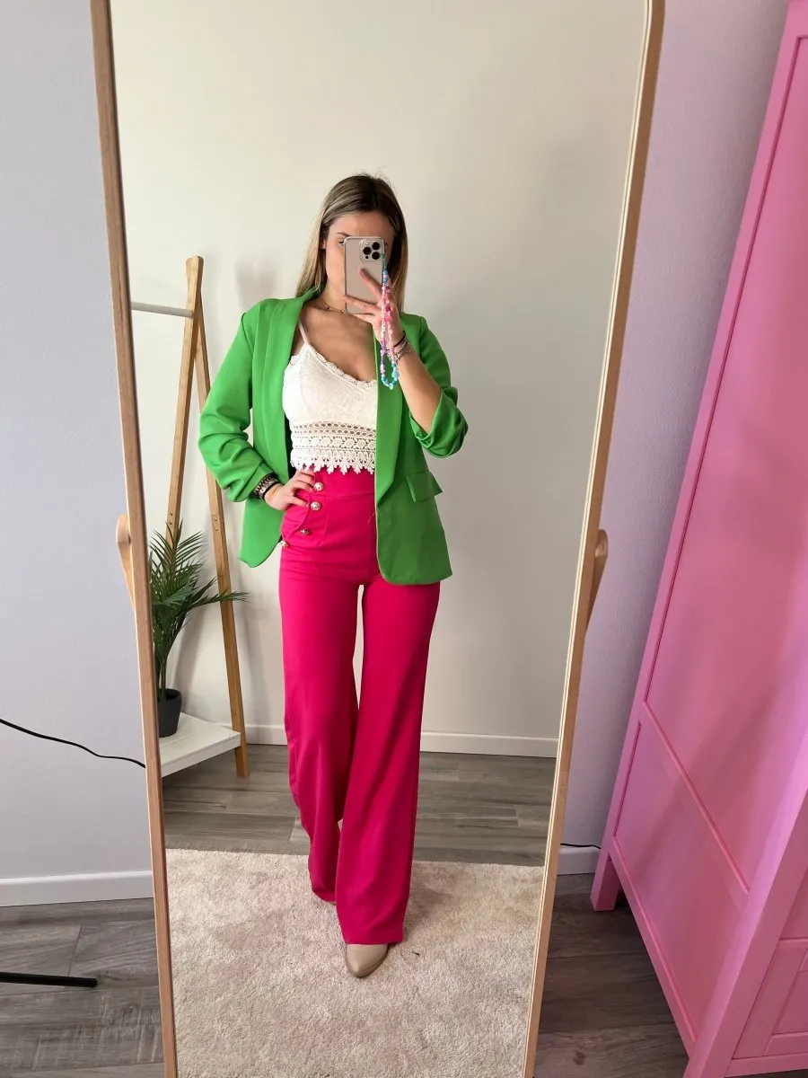 Pantaloni a palazzo fucsia con bottoni gioiello