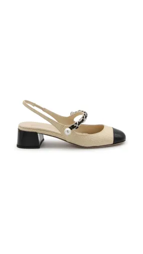 Patent Leather and Raffia Slingback Pumps - Tan/Black