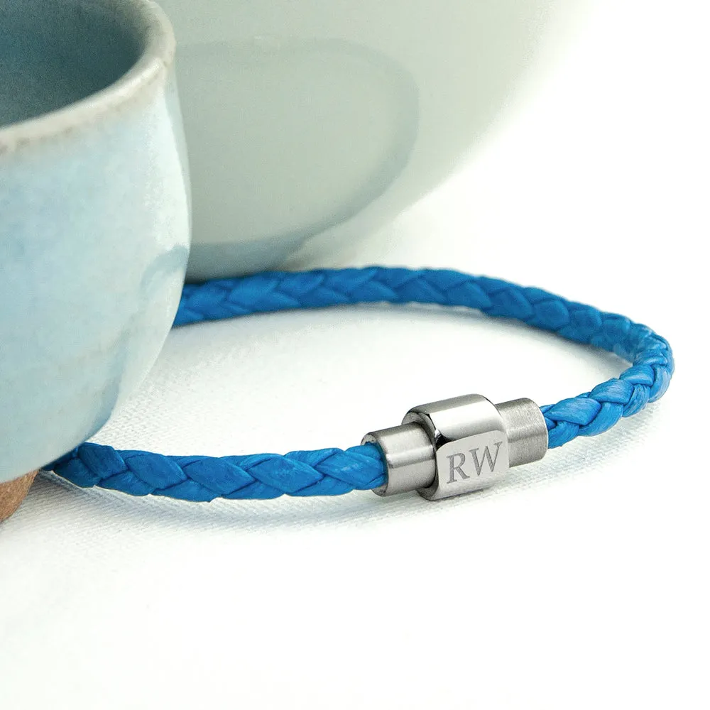 Personalised Men's Woven Leather Bracelet in Cobalt Blue