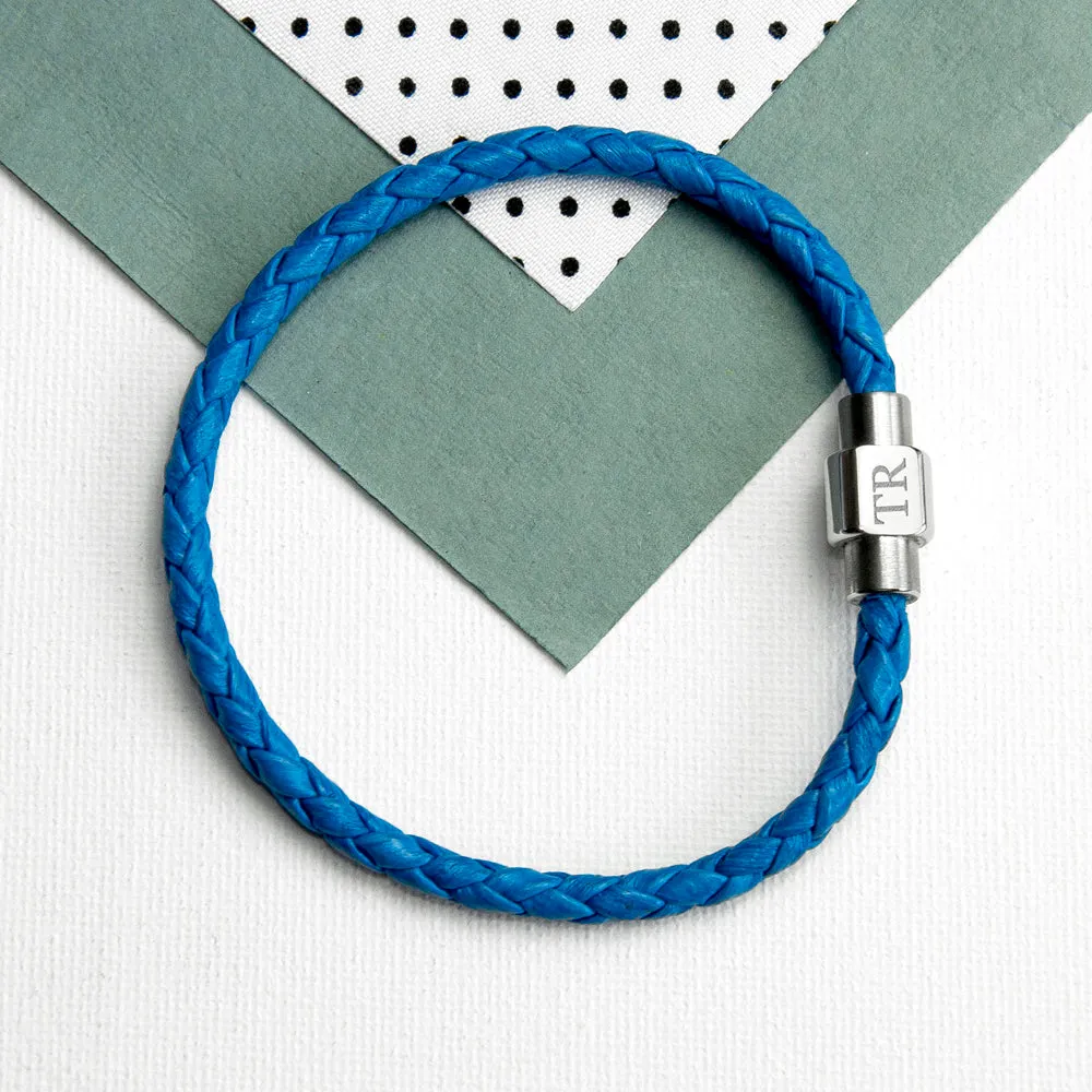 Personalised Men's Woven Leather Bracelet in Cobalt Blue