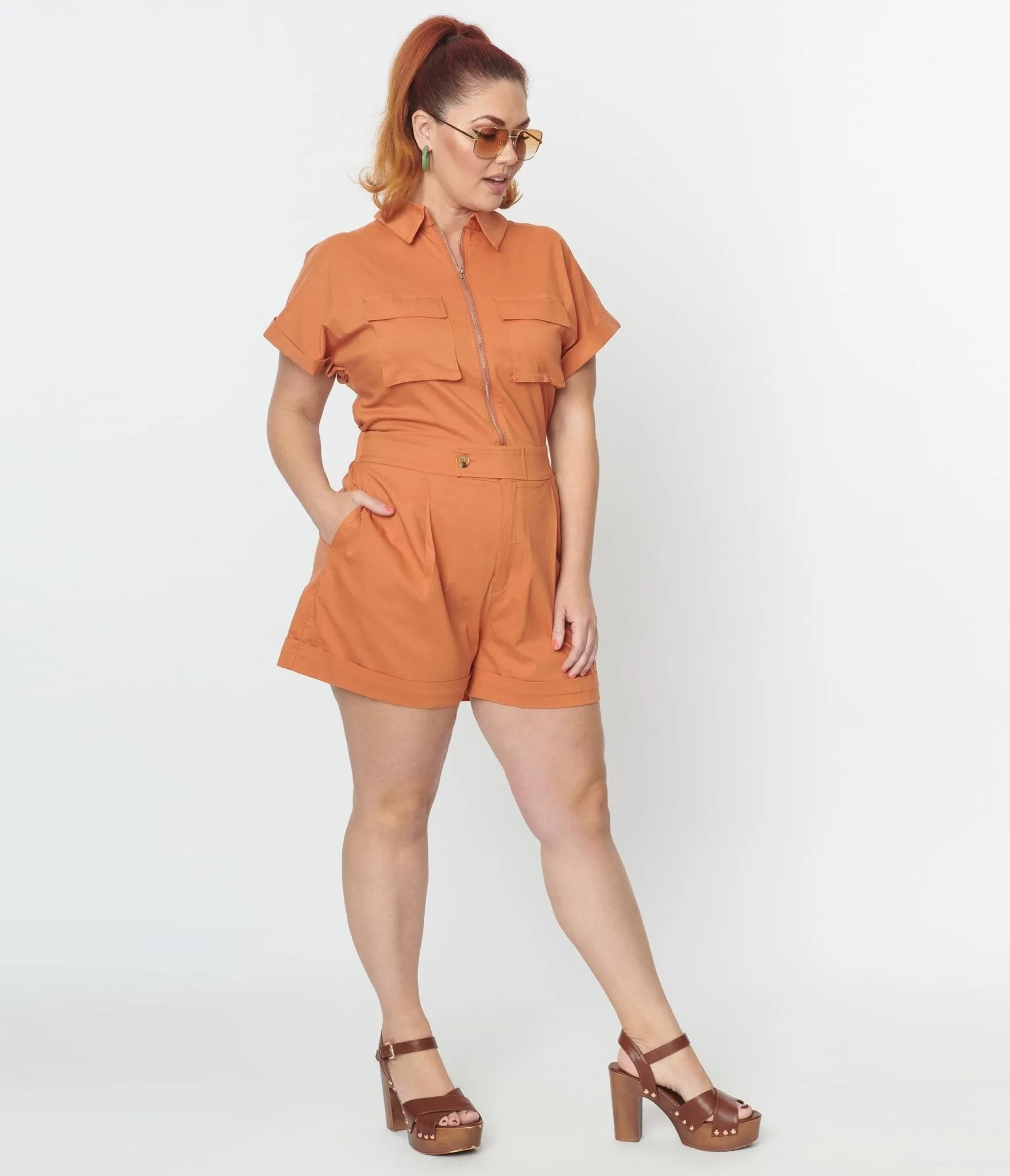 Plus Size Rust Orange Cargo Romper