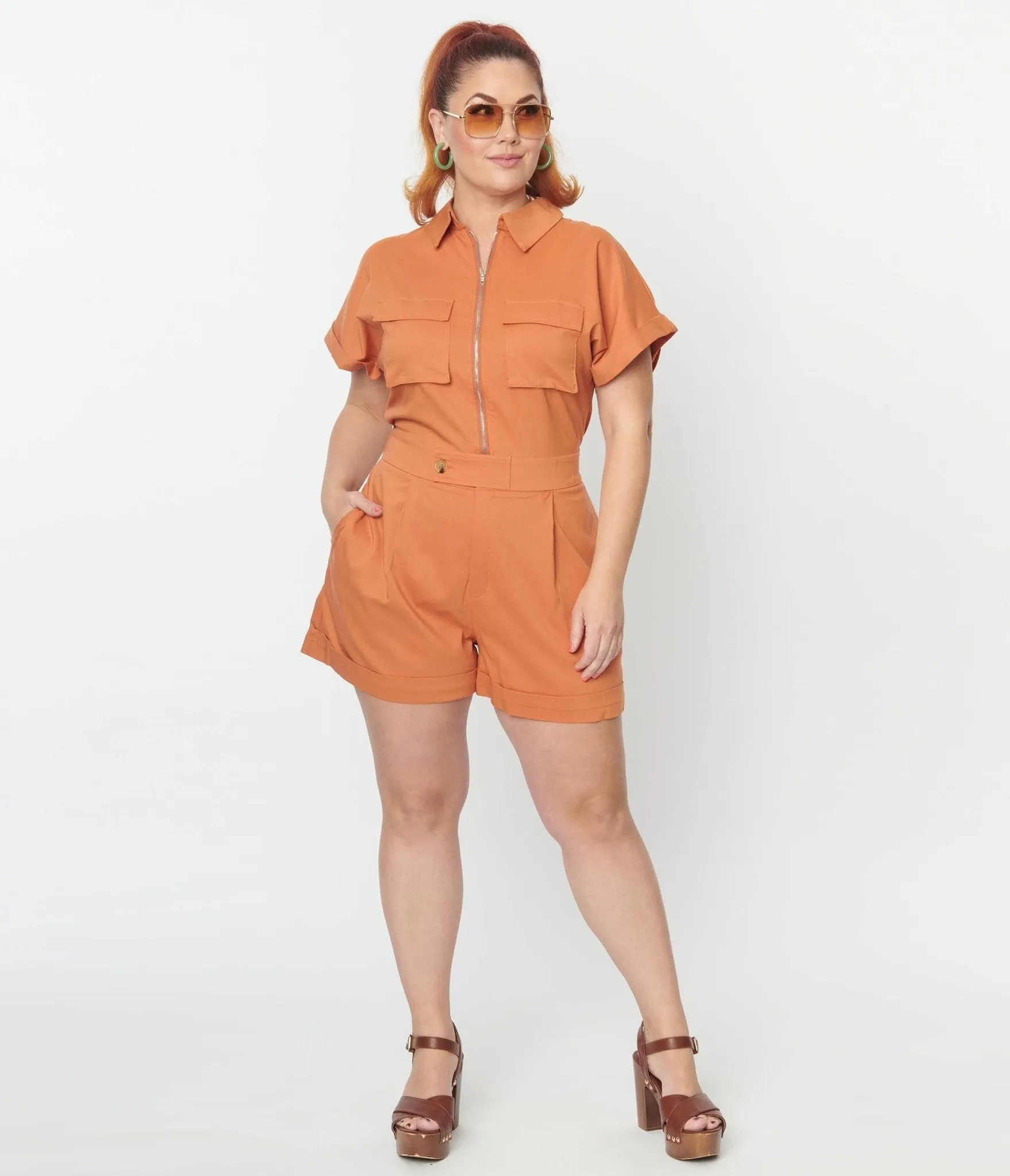 Plus Size Rust Orange Cargo Romper