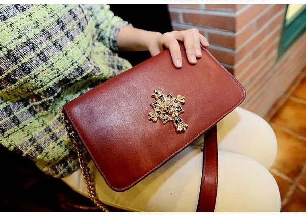 PU Leather Clutch Evening Handbag for Women with Gold Cross Details