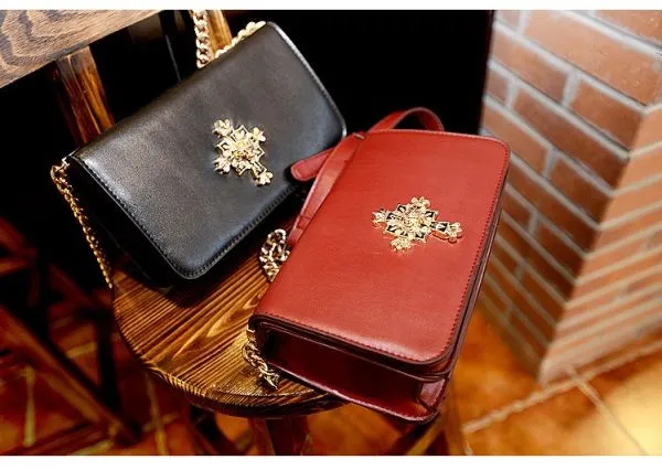 PU Leather Clutch Evening Handbag for Women with Gold Cross Details