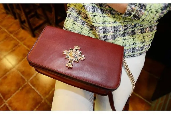 PU Leather Clutch Evening Handbag for Women with Gold Cross Details