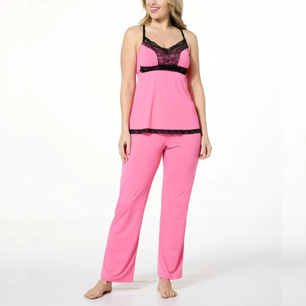      Rhonda Shear 2-piece Lace-Trim Camisole & Pant Pin-Up PJ Set     