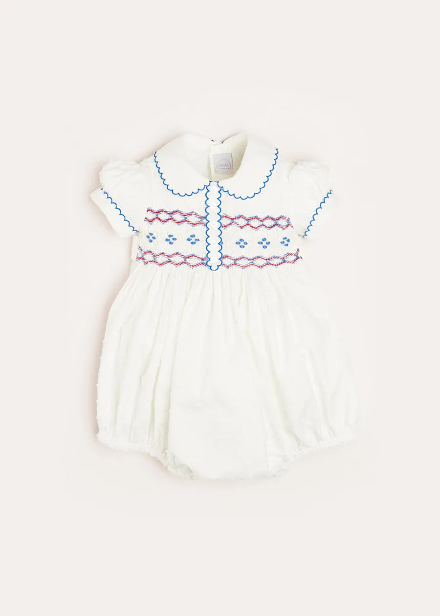 Scallop Collar Handsmocked Short Sleeve Romper in White (6mths-2yrs)