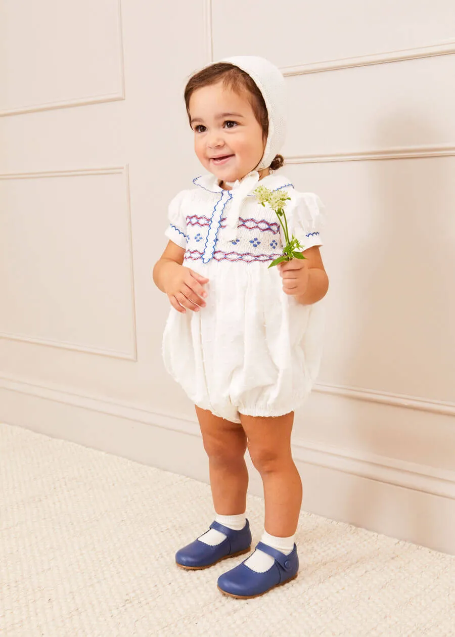 Scallop Collar Handsmocked Short Sleeve Romper in White (6mths-2yrs)