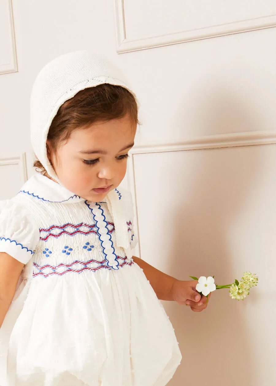 Scallop Collar Handsmocked Short Sleeve Romper in White (6mths-2yrs)