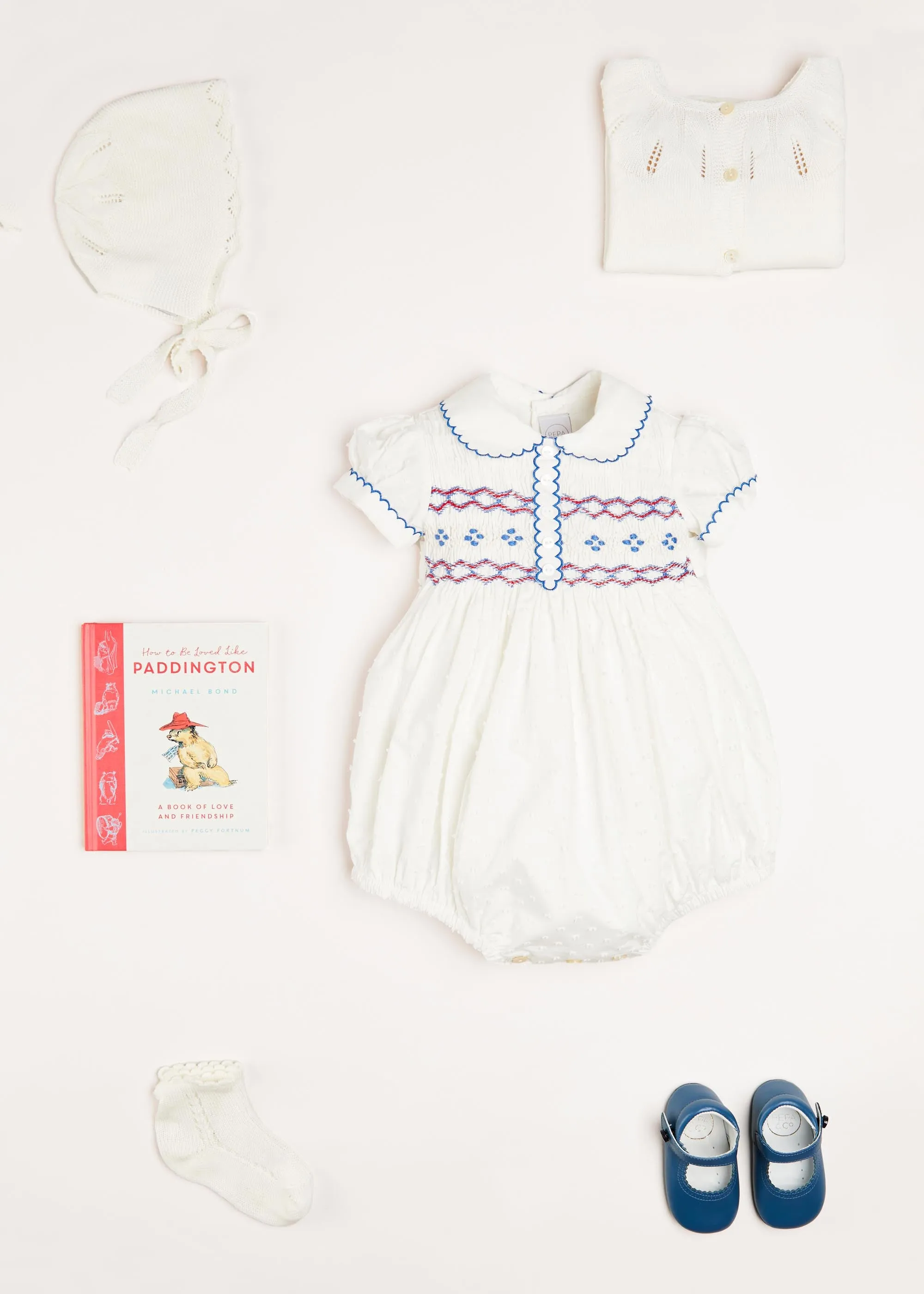 Scallop Collar Handsmocked Short Sleeve Romper in White (6mths-2yrs)