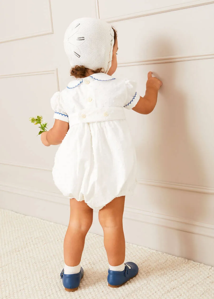 Scallop Collar Handsmocked Short Sleeve Romper in White (6mths-2yrs)