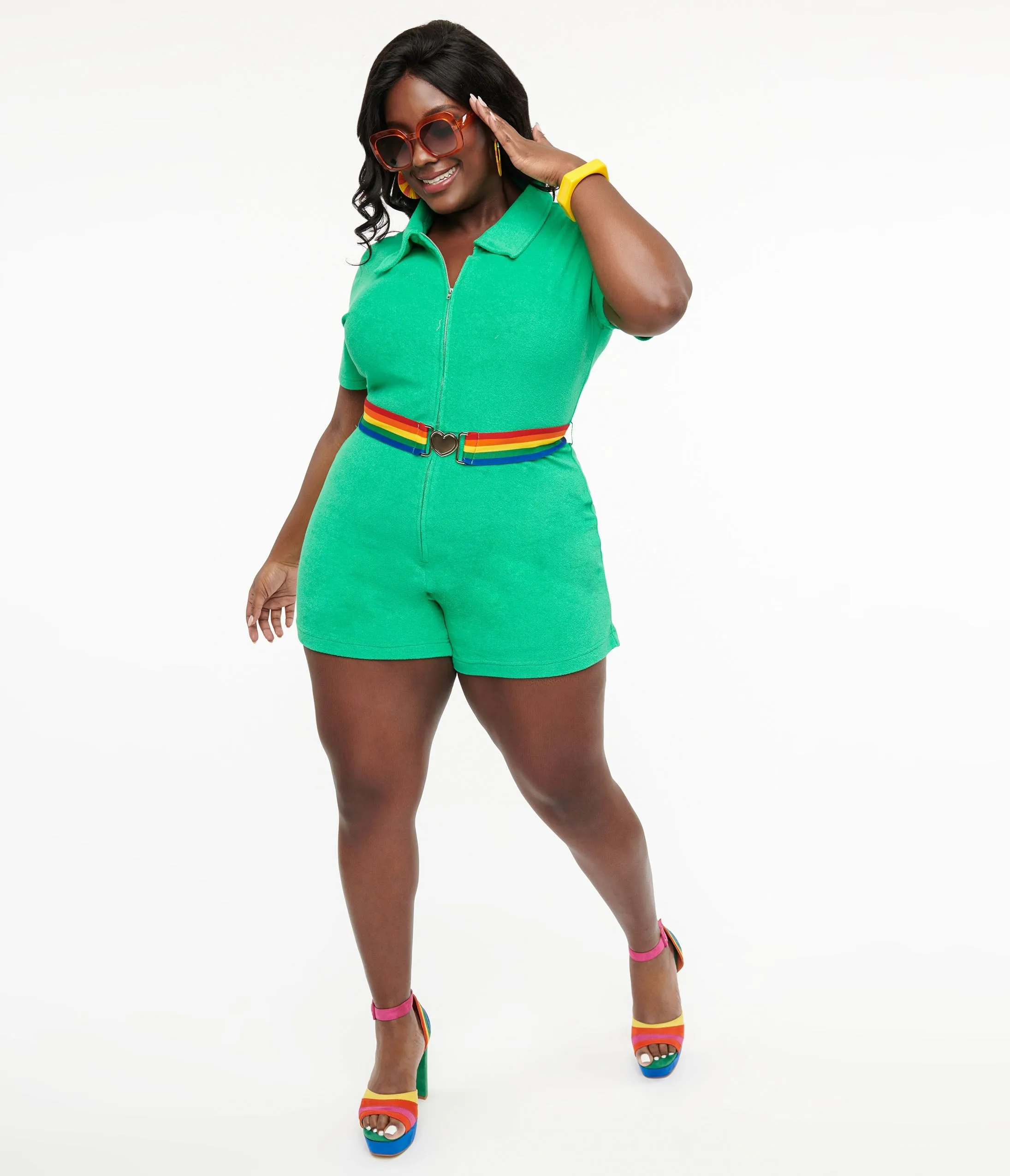 Smak Parlour Plus Size 1960s Green & Rainbow Belted Romper