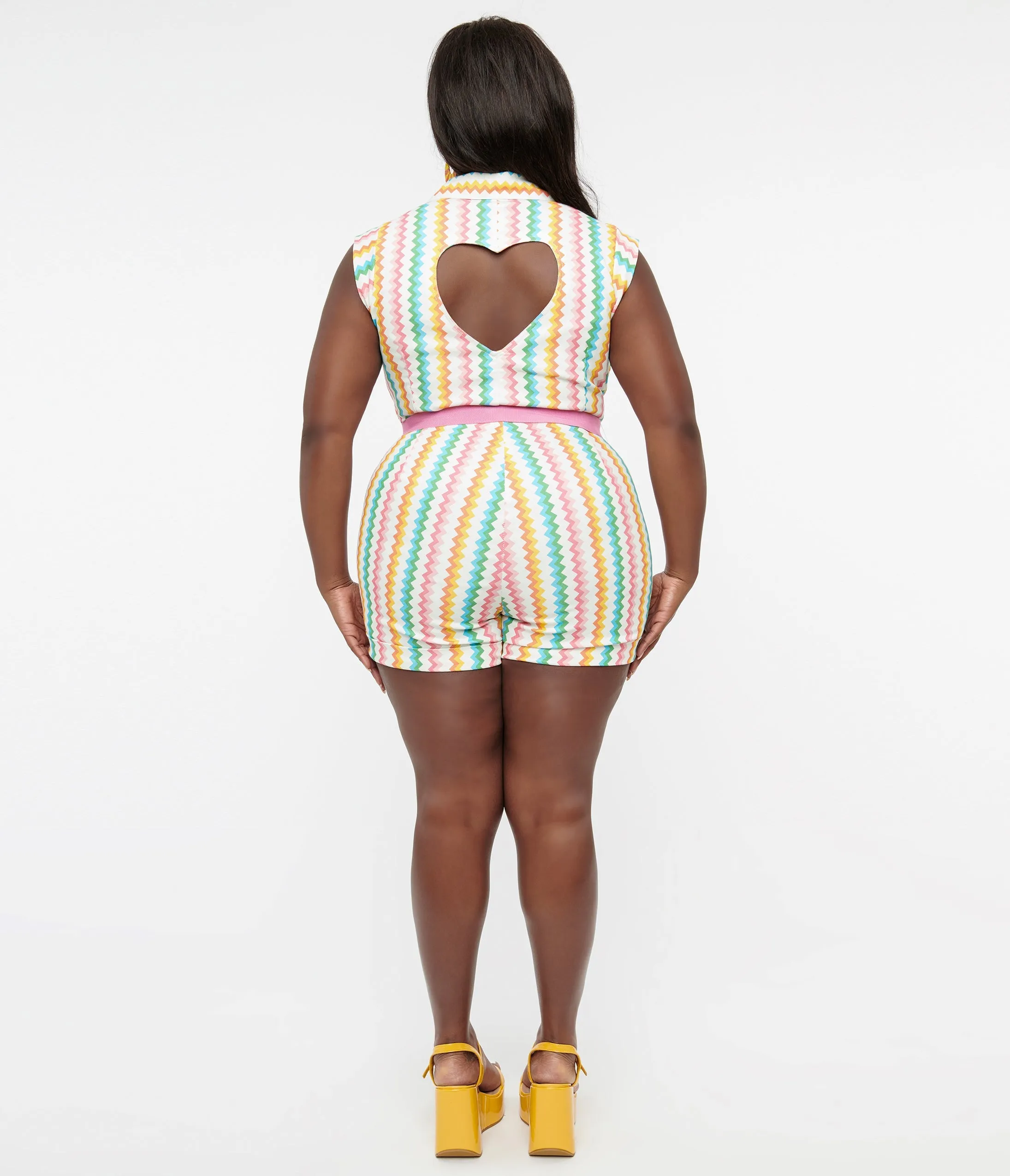 Smak Parlour Plus Size 1970s Rainbow Zig Zag Belted Romper