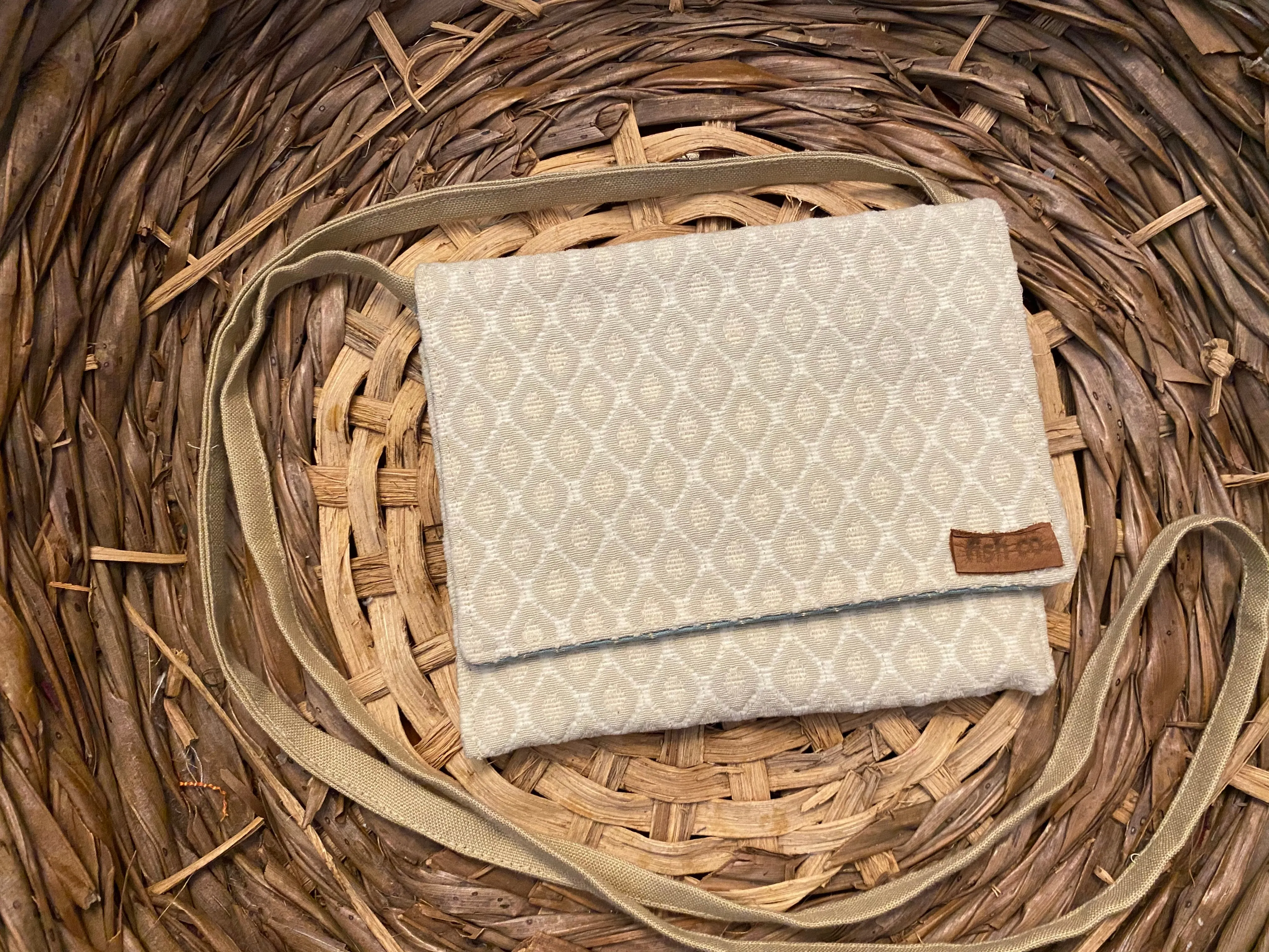 Small Satchel cream and oatmeal textured pattern with ice blue and cream satin inside