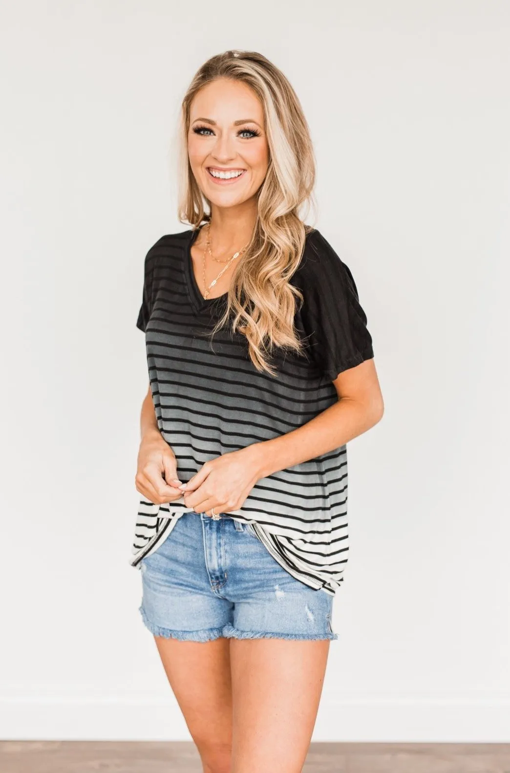 Spectacular Sights Striped Ombre Top- Ivory & Black