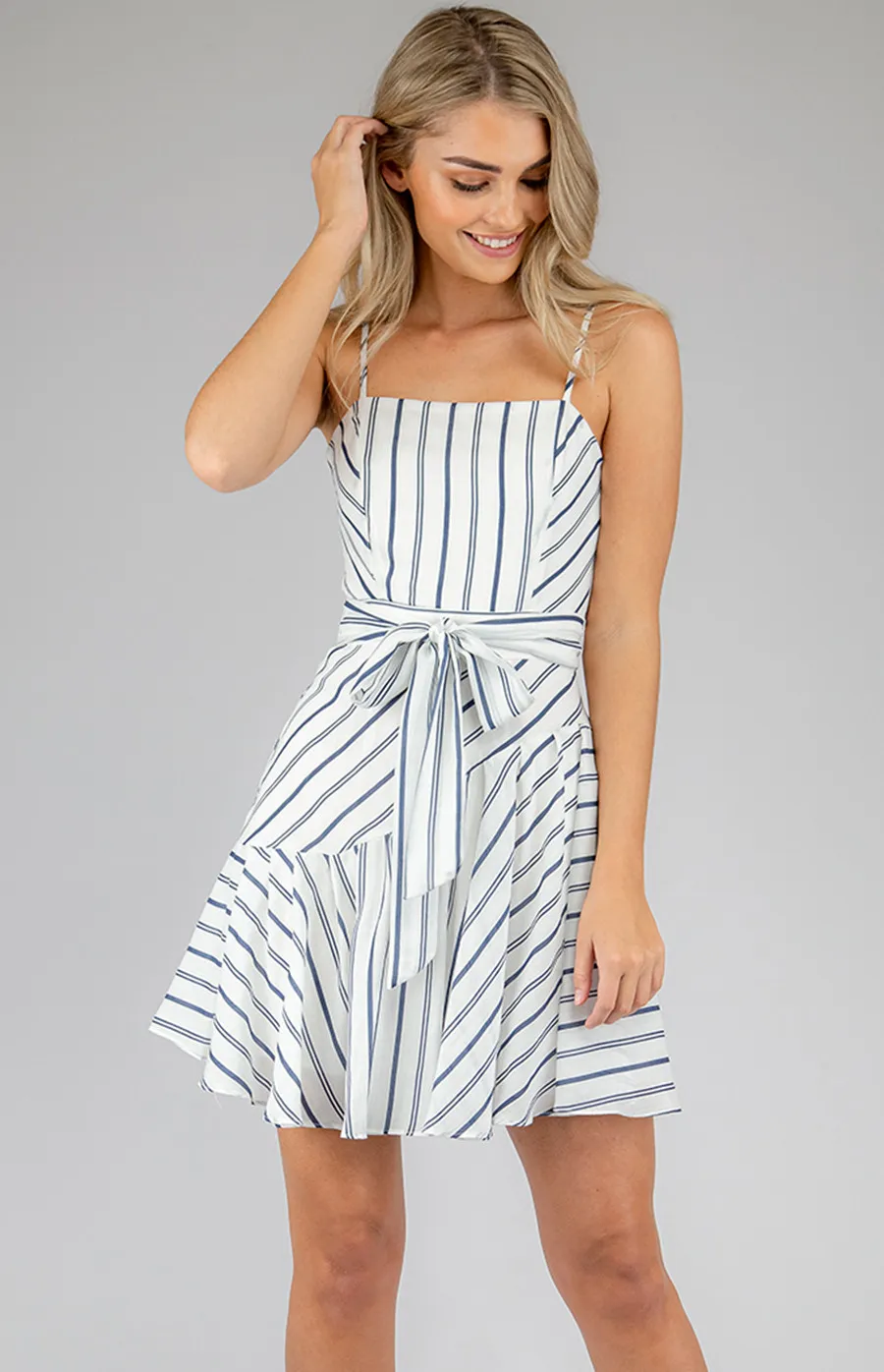 Striped Dress with Frill & Belt Details (SDR668A)