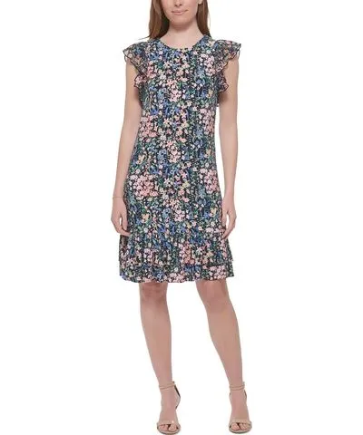 Tommy Hilfiger Petites Womens Floral Print Polyester Mini Dress