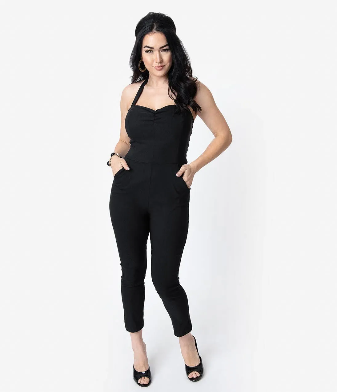 Unique Vintage 1950s Black Halter Marcel Jumpsuit