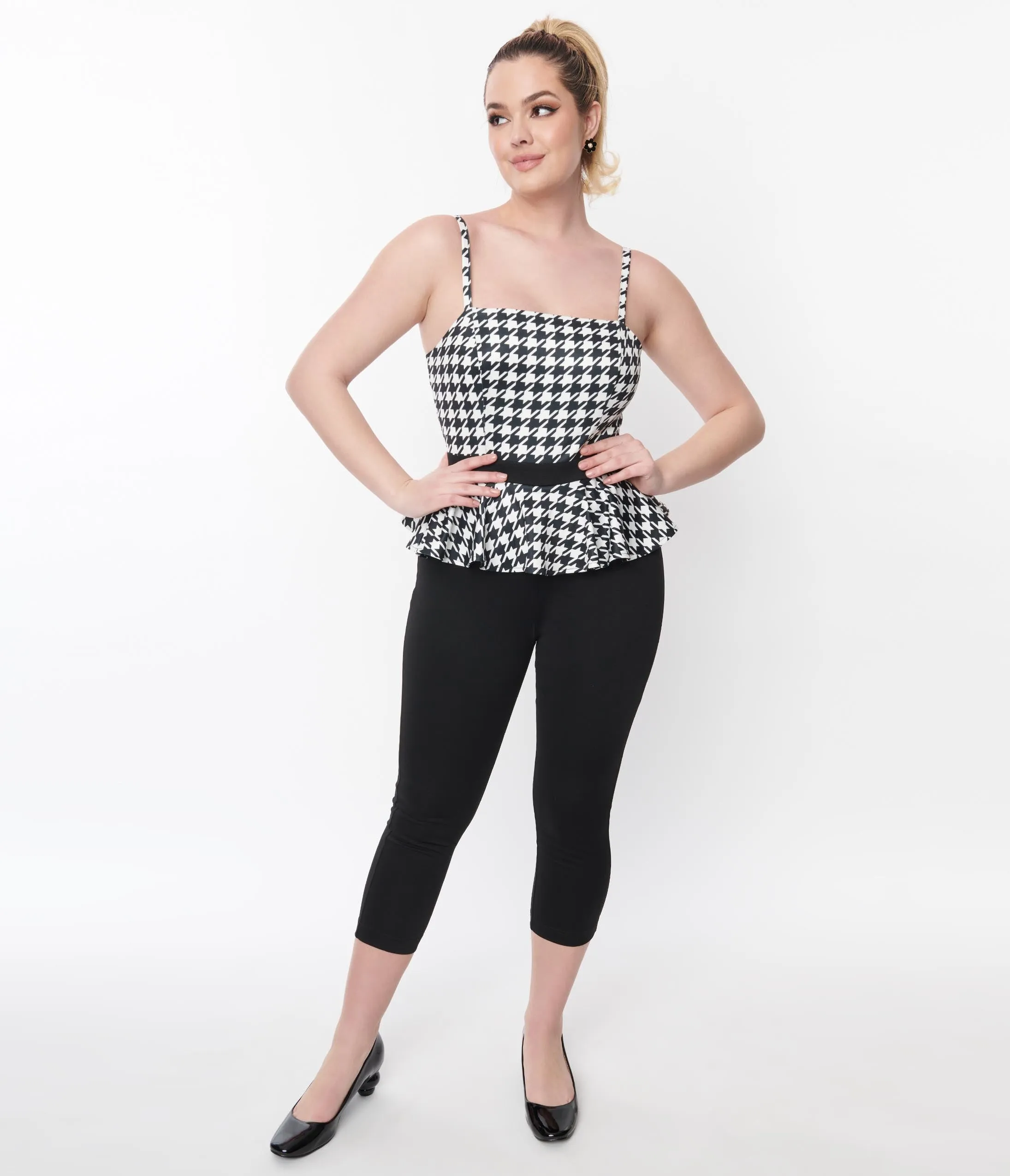 Unique Vintage Black & White Houndstooth Peplum Jumpsuit