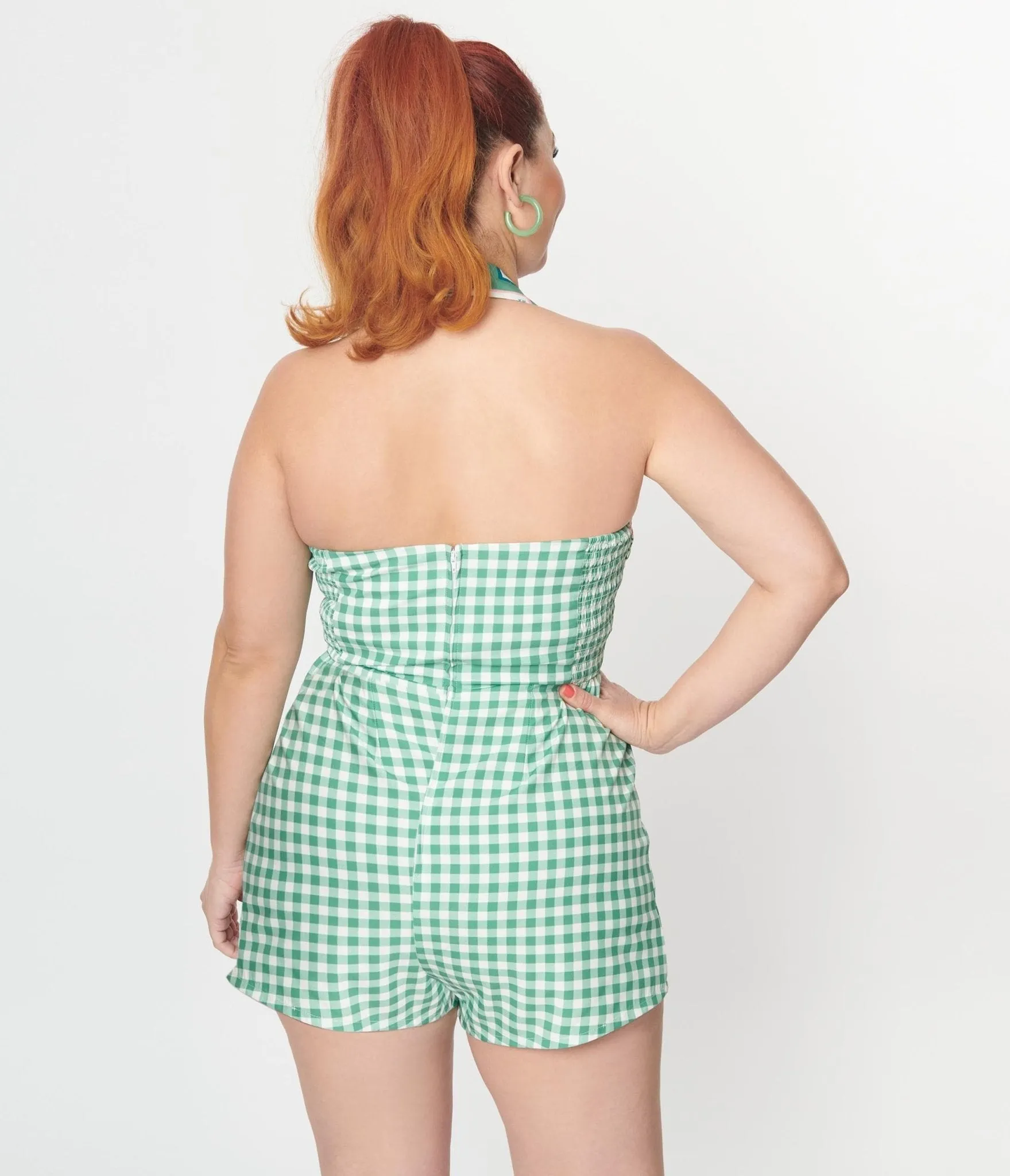 Unique Vintage Green & White Vegetable Gingham Romper