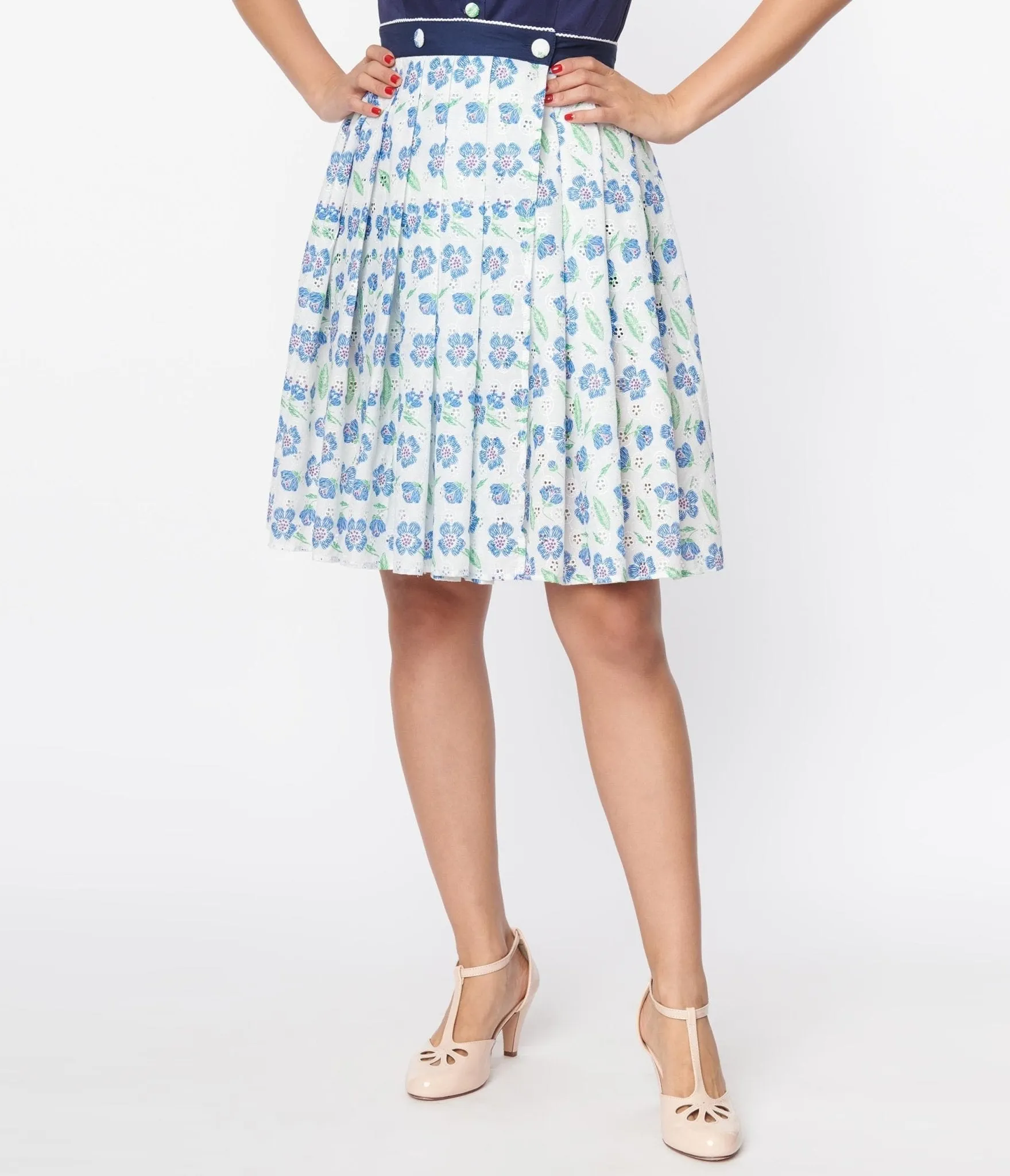 Unique Vintage White & Blue Floral Eyelet Collins Wrap Swing Skirt