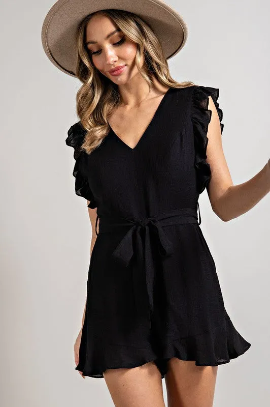 V-NECK RUFFLED WAIST TIE ROMPER