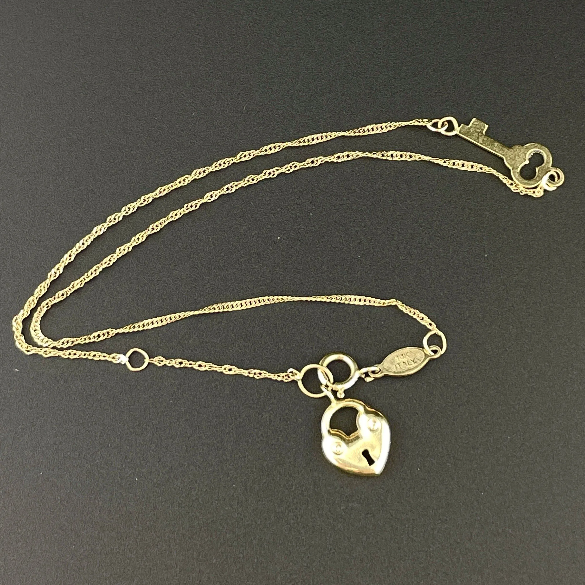 Vintage 14K Gold Heart Padlock Key Ankle Chain