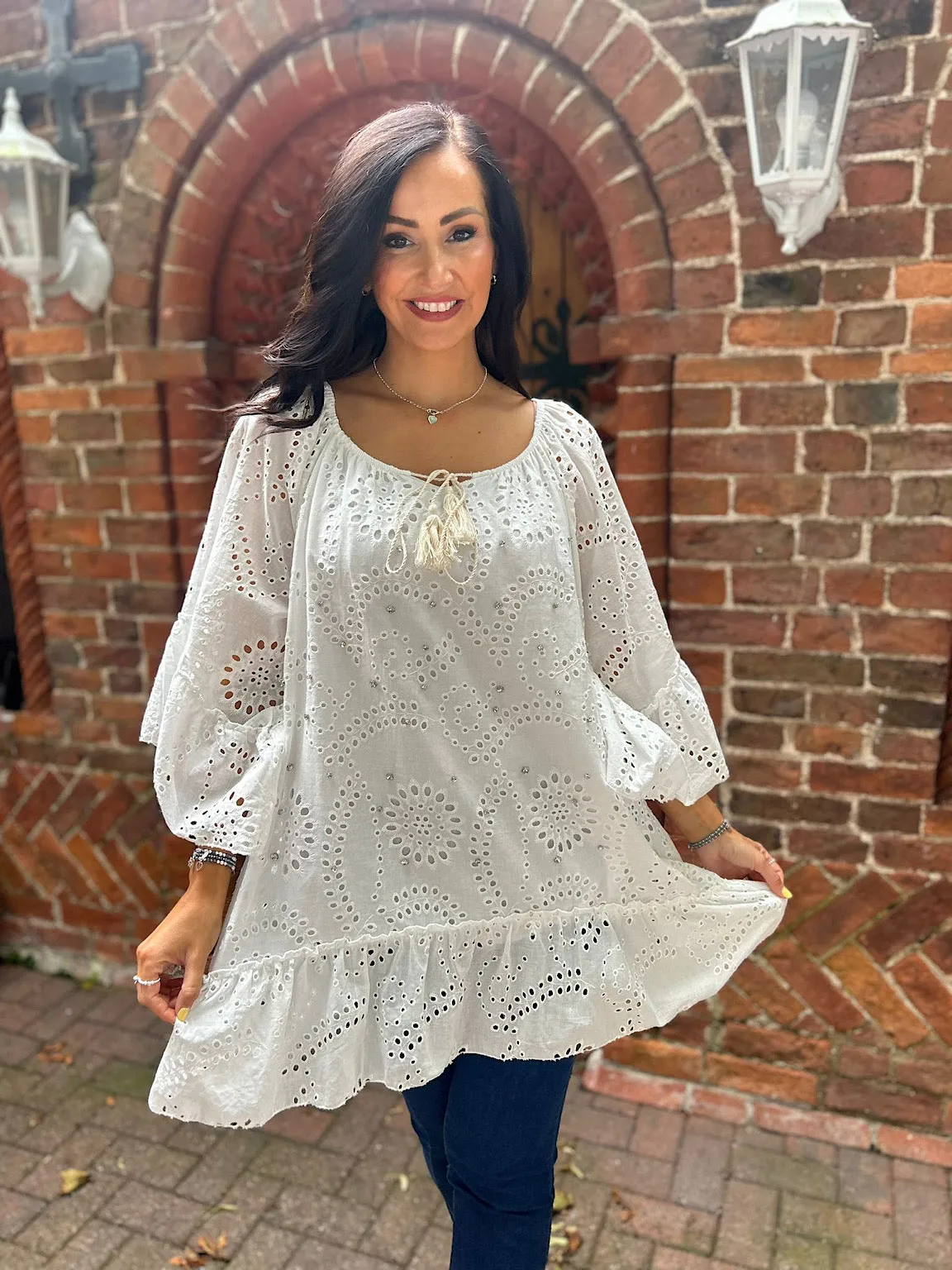 White Diamante Floral Broderie Tassel Tunic Naomi