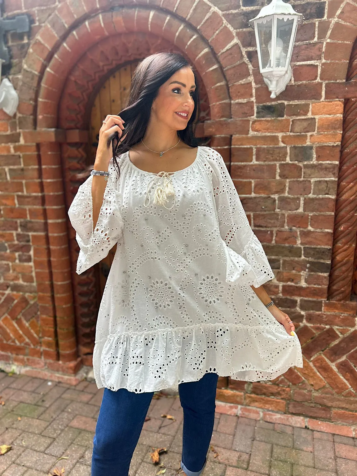 White Diamante Floral Broderie Tassel Tunic Naomi