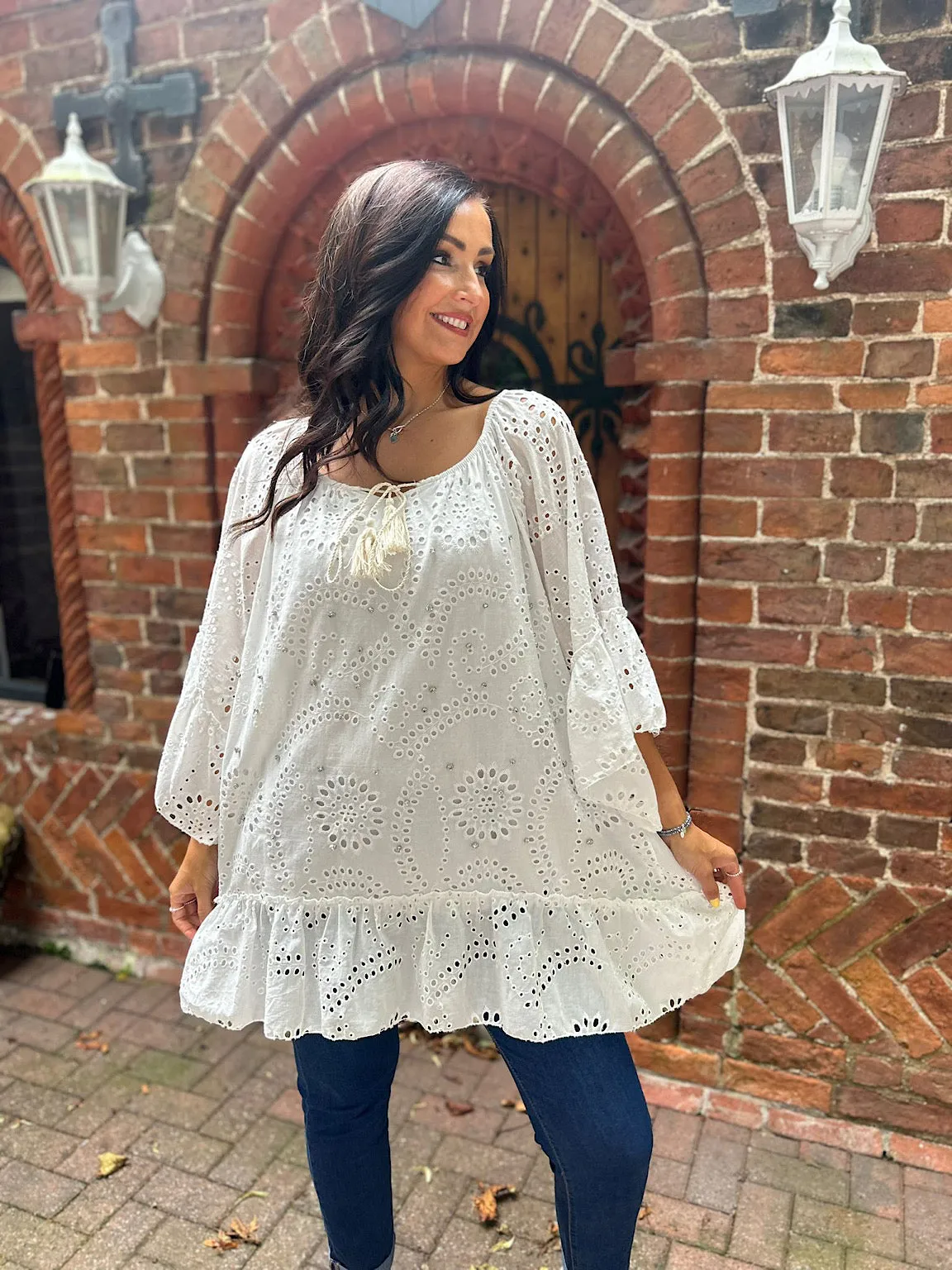 White Diamante Floral Broderie Tassel Tunic Naomi