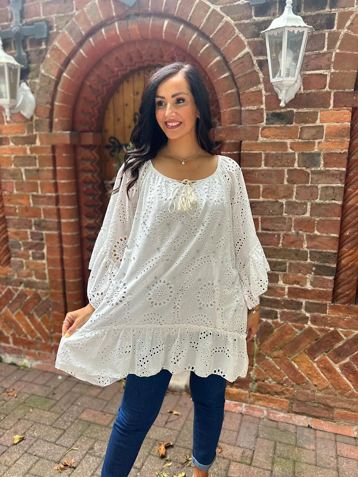 White Diamante Floral Broderie Tassel Tunic Naomi