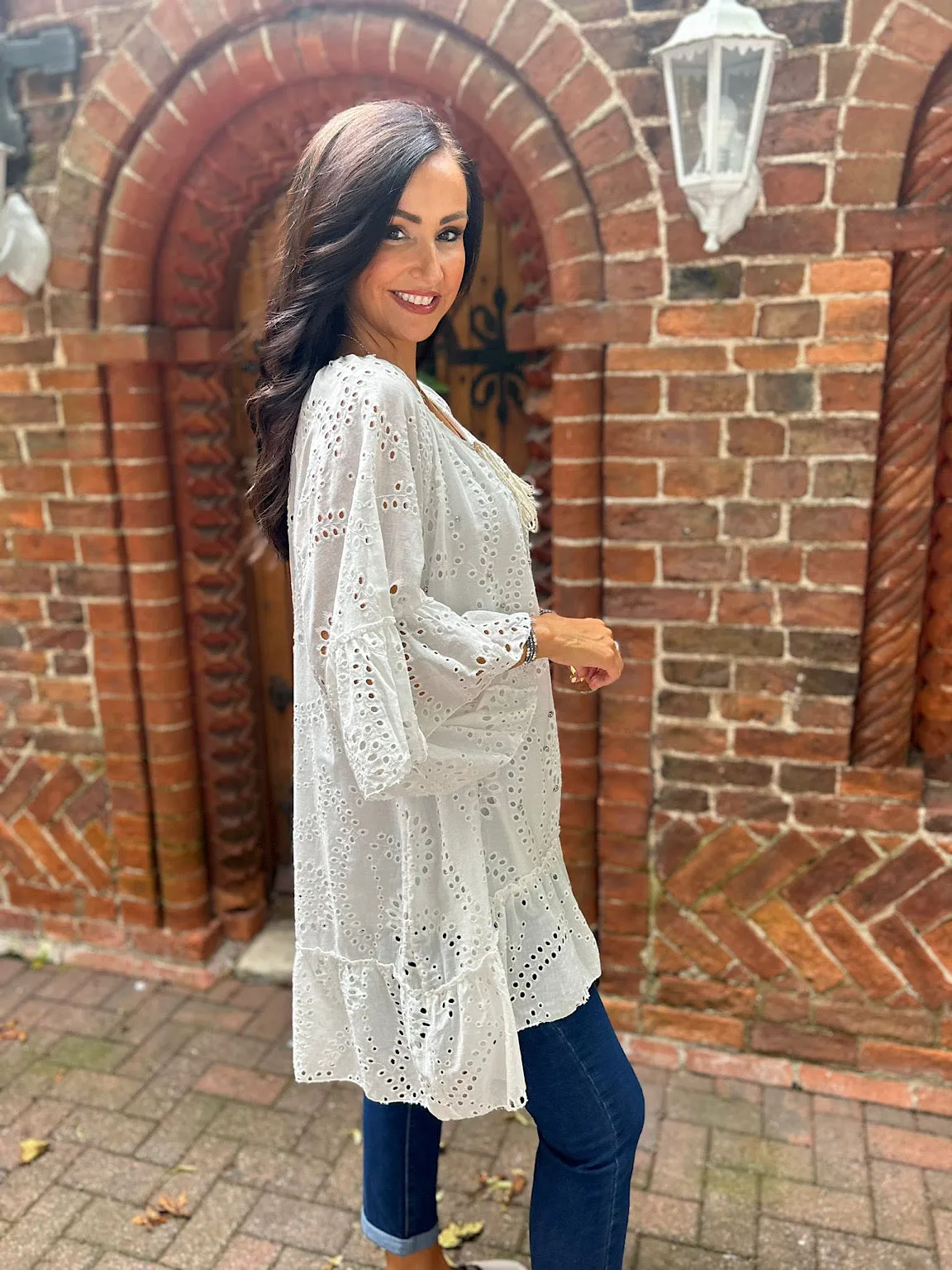 White Diamante Floral Broderie Tassel Tunic Naomi