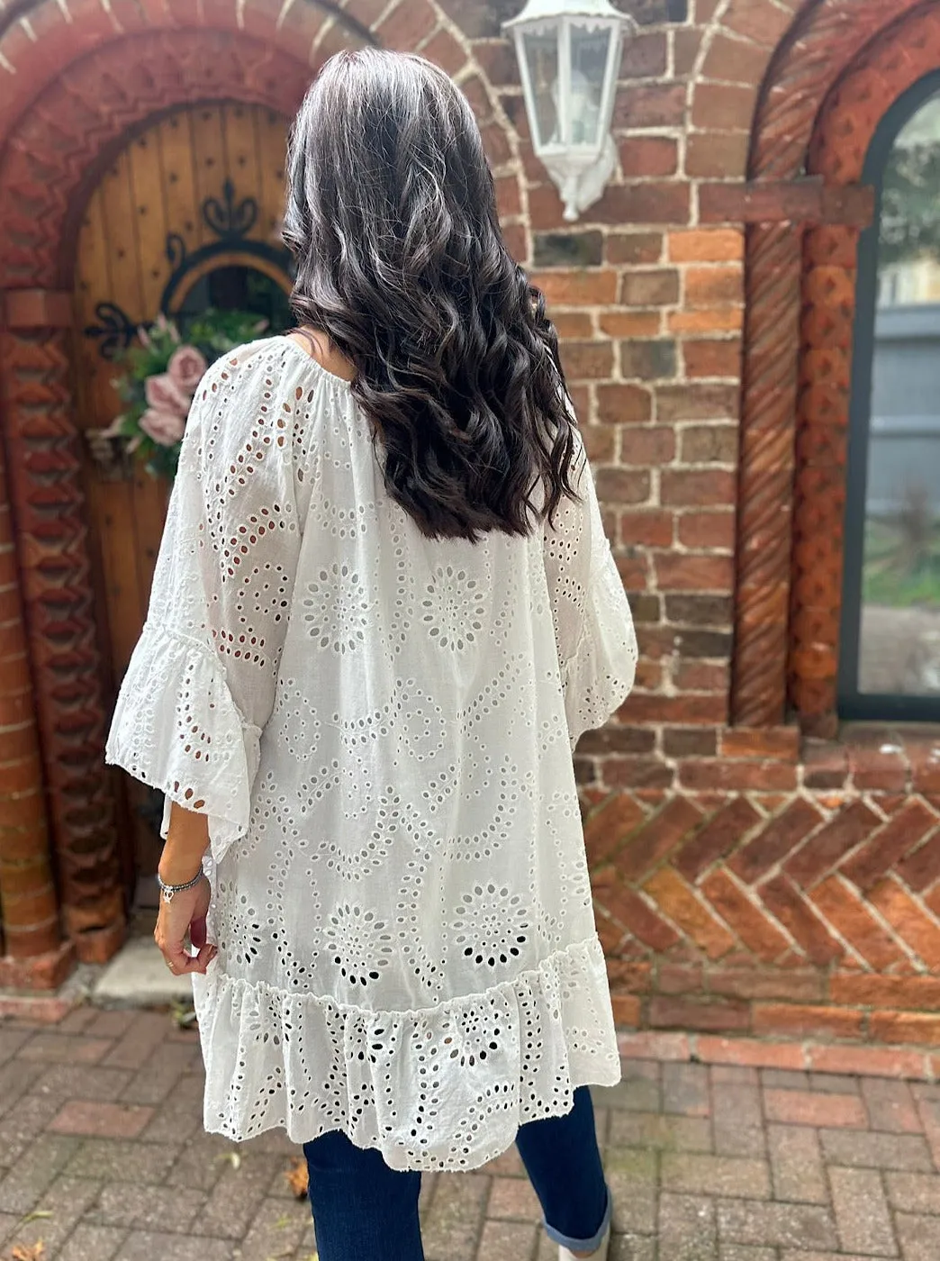 White Diamante Floral Broderie Tassel Tunic Naomi