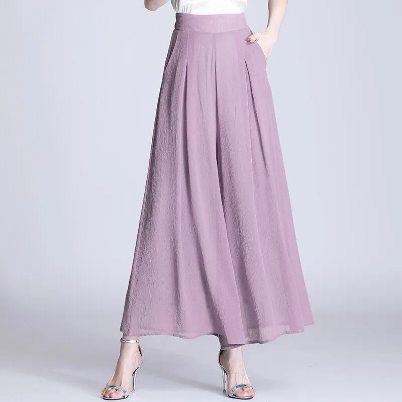 Women Culottes Loose Pant  Wide-Leg Ladies  Fashion  Elastic High-Waist Plus-Size Elegant Vintage Casual Chiffon  Trouser  Pant