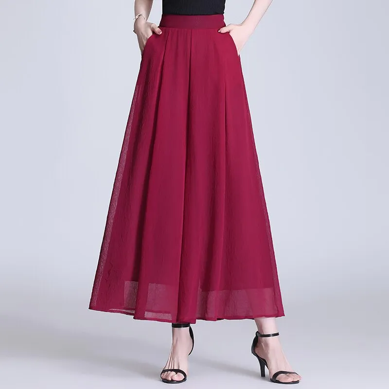 Women Culottes Loose Pant  Wide-Leg Ladies  Fashion  Elastic High-Waist Plus-Size Elegant Vintage Casual Chiffon  Trouser  Pant