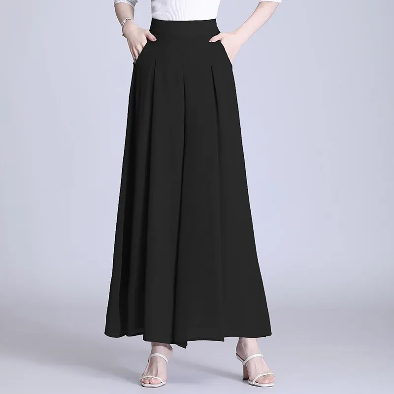 Women Culottes Loose Pant  Wide-Leg Ladies  Fashion  Elastic High-Waist Plus-Size Elegant Vintage Casual Chiffon  Trouser  Pant