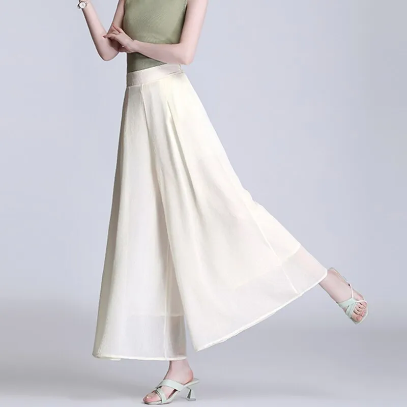 Women Culottes Loose Pant  Wide-Leg Ladies  Fashion  Elastic High-Waist Plus-Size Elegant Vintage Casual Chiffon  Trouser  Pant