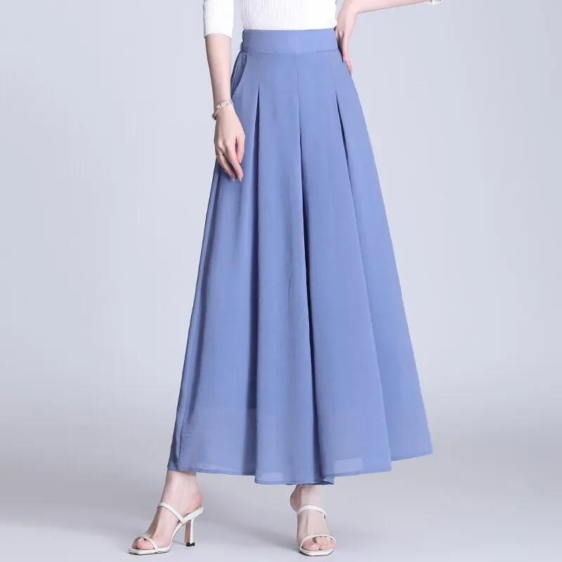 Women Culottes Loose Pant  Wide-Leg Ladies  Fashion  Elastic High-Waist Plus-Size Elegant Vintage Casual Chiffon  Trouser  Pant